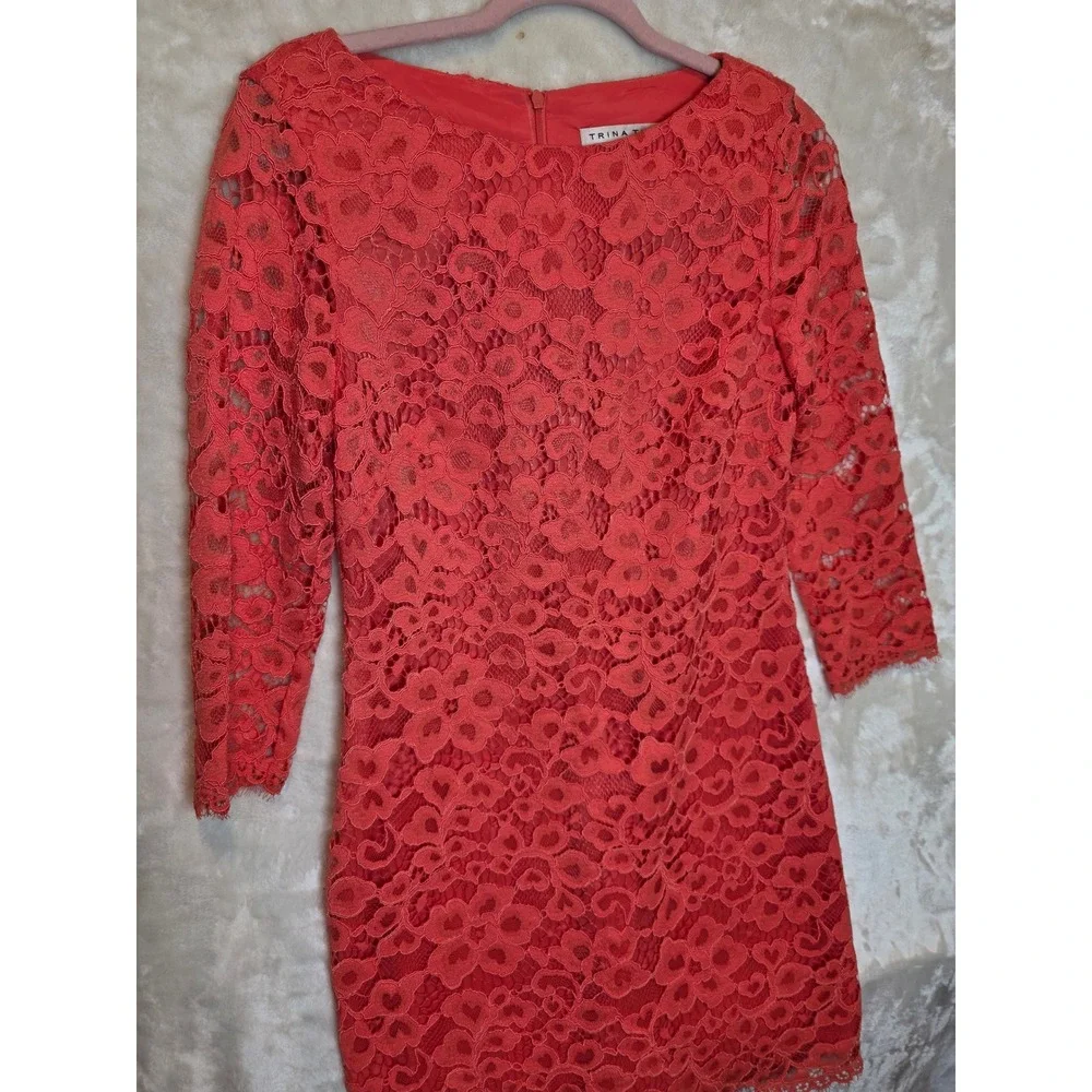 Trina Turk‎ Coral Red Floral Lace Sheath Dress 3/4 Sleeve Size 4 Cocktail Event